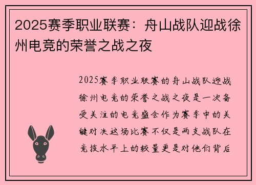 2025赛季职业联赛：舟山战队迎战徐州电竞的荣誉之战之夜